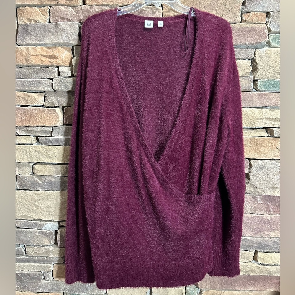 Gap Womens Long Rib Sleeve Surplice Neck Violet Eyelash Fuzzy Casual Swe…